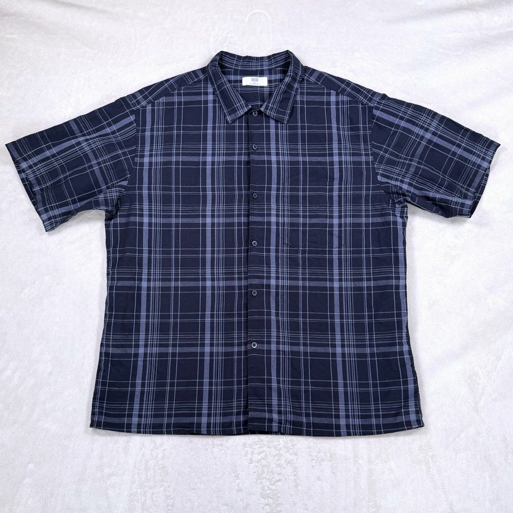 Uniqlo Navy Blue Plaid Linen Cotton Blend XL Short Sleeve Button Front Shirt - Picture 1 of 10